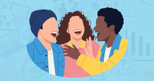 Blue-tinted collage of graphs, screens, and diagrams, topped with an illustration of 3 people talking and laughing.